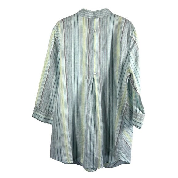 Chico's Women's Tunic Blouse Size Large Linen Blue Green Stripe 100% No Iron 3/4 - Picture 7 of 8
